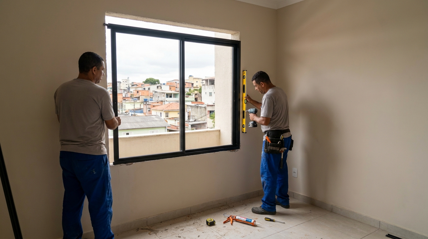 Esquadria de alumínio em quarto bege em Santo André-SP
