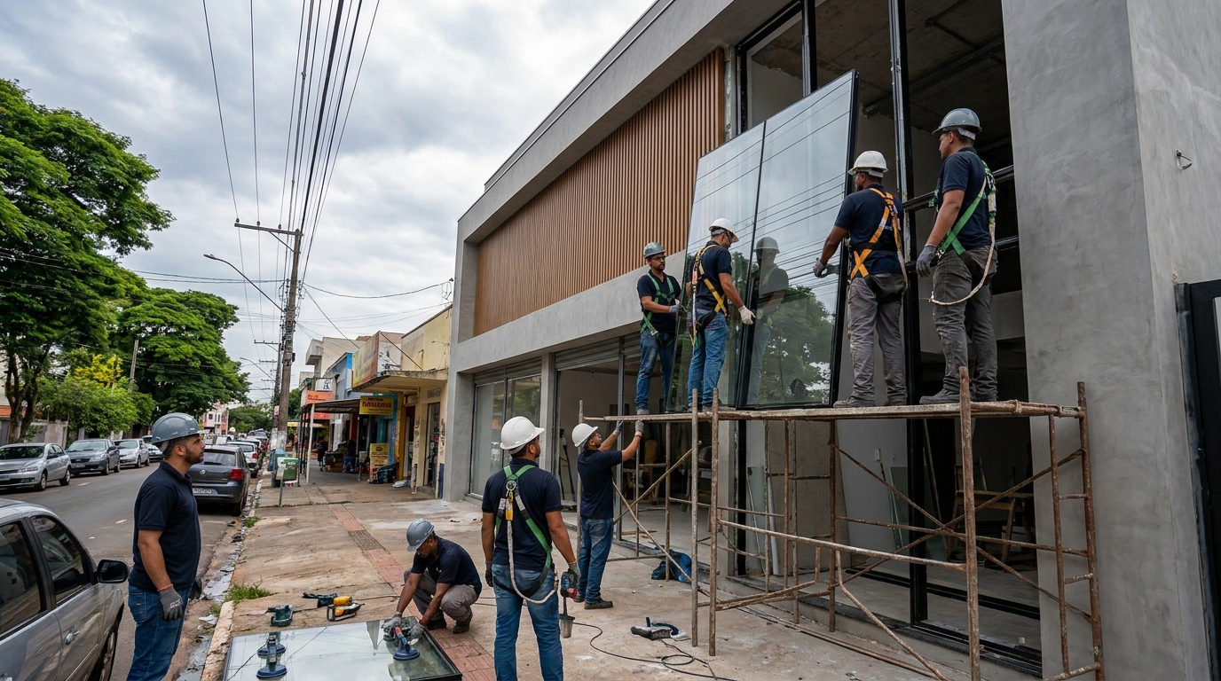 Fachada de vidro com andaime lateral em Santo André-SP