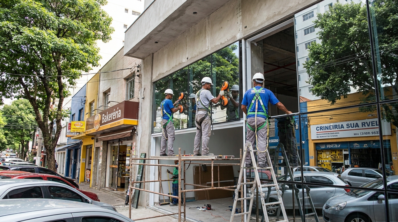 Fachada de vidro com confeitaria vizinha em Santo André-SP