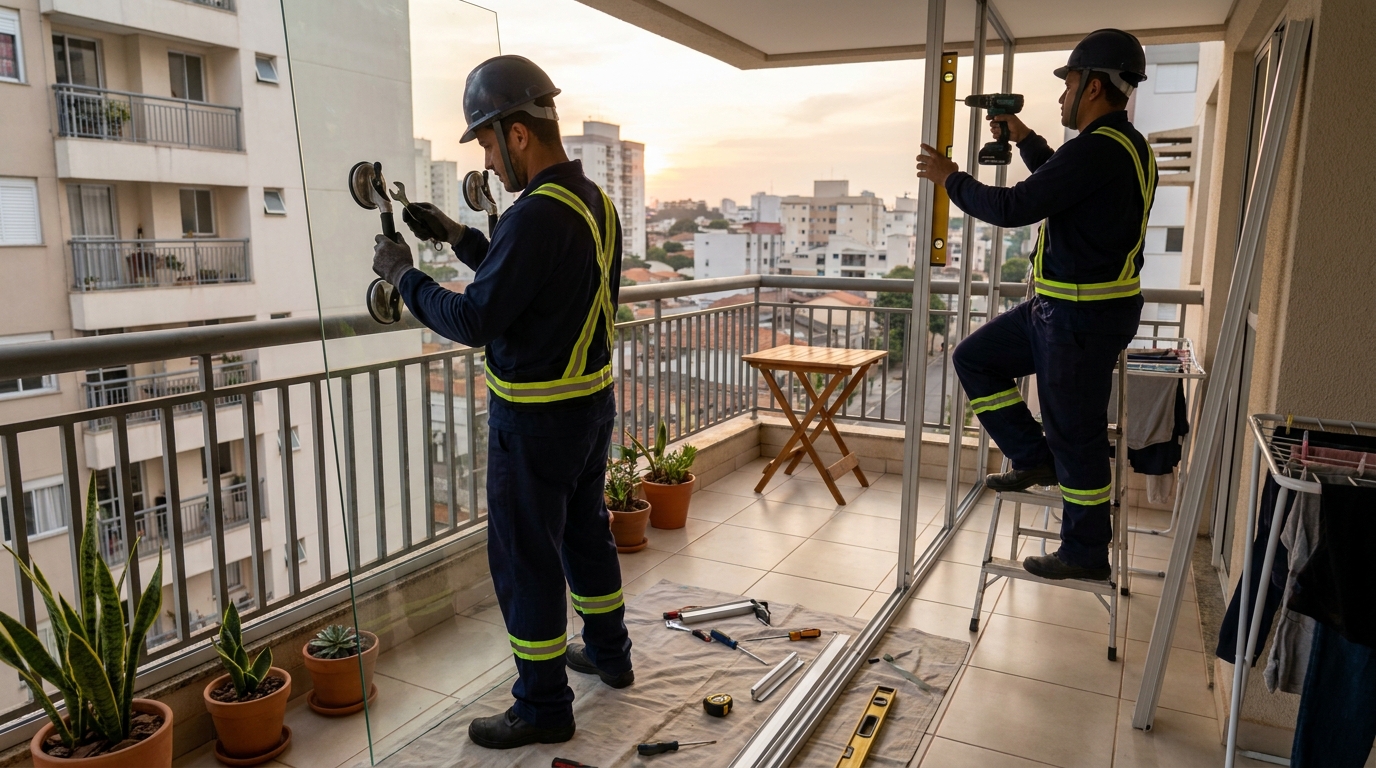 Instalação de parede de vidro em sacada em Santo André-SP